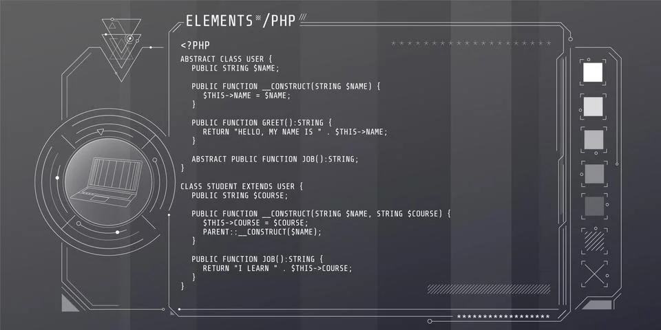 HUD interface elements with part of the code PHP. Stock Illustration