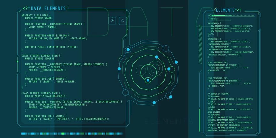 HUD interface elements with part of the PHP code. Stock Illustration