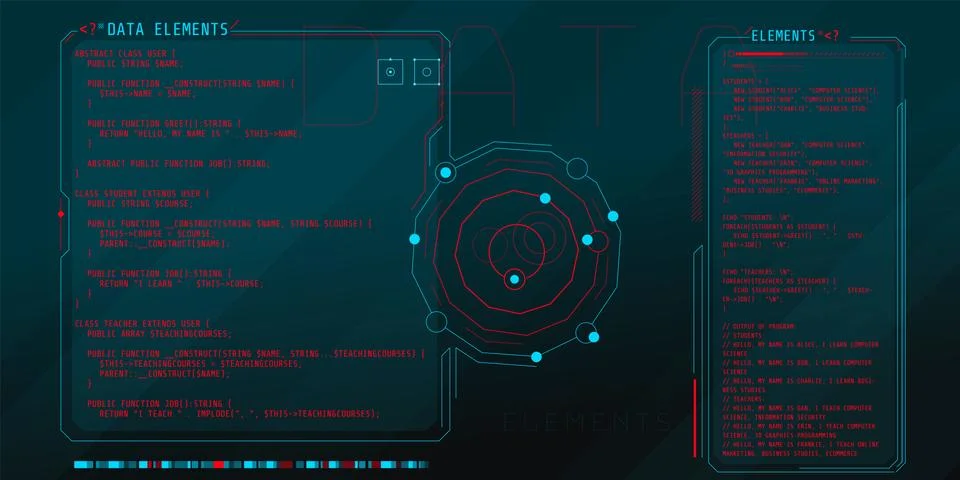 HUD interface elements with part of the PHP code. Stock Illustration