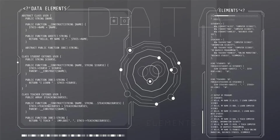 HUD interface elements with part of the PHP code. Stock Illustration