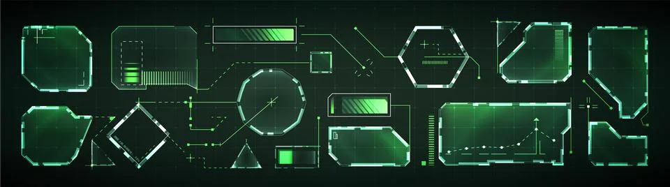 HUD interface frames with glowing tech UI elements Ilustración de archivo