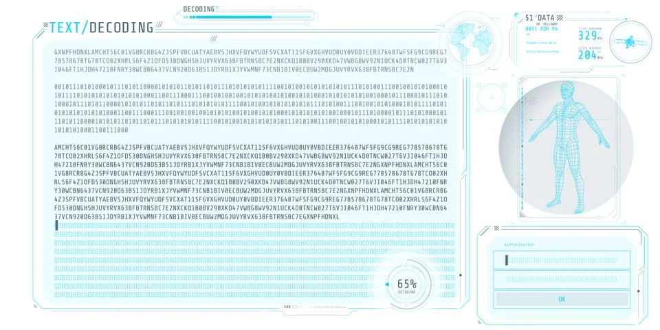 HUD interface futuristic design with text decoding screen. Illustrazione stock