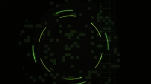 Hud Interface with Glowing Green Circular Data Elements and Pixel Particles Stock Footage 343728126
