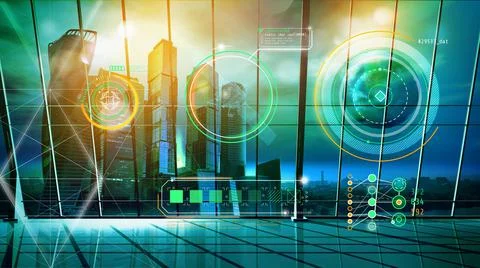 HUD interface hologram in empty office with view of skyscrapers. Illustrazione stock