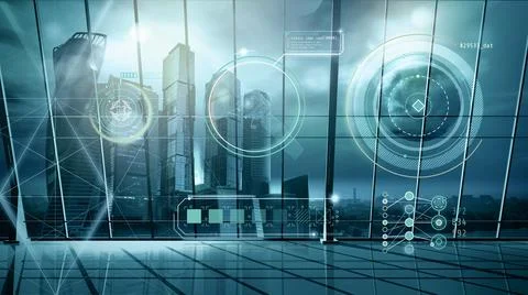 HUD interface hologram in empty office with view of skyscrapers. Stock Illustration