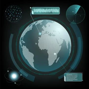 HUD interface with planet earth and radar. Computer network and 스톡 일러스트