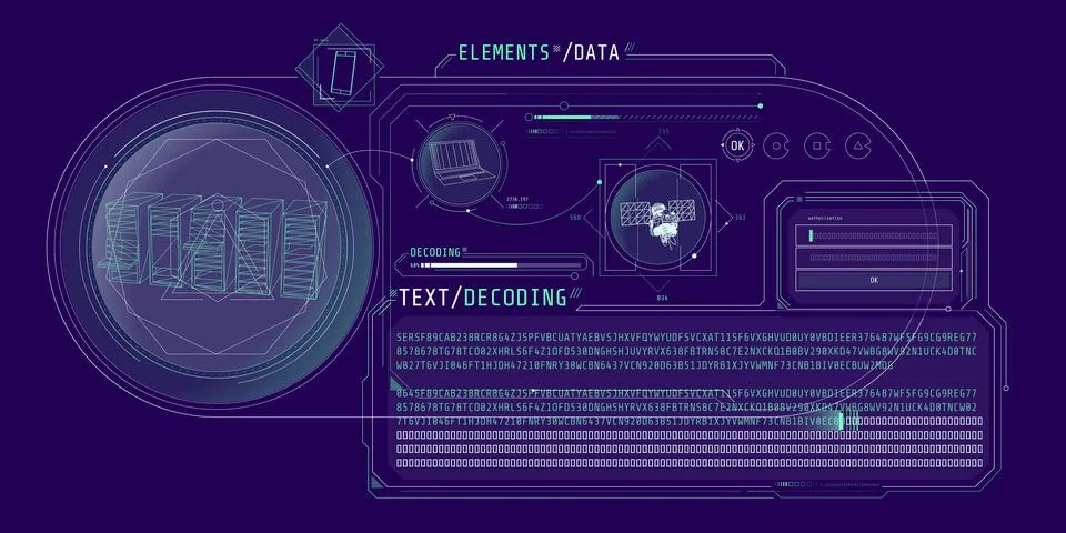 HUD interface for processing server data with text decoding. Illustration