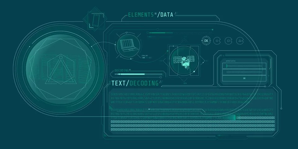 HUD interface for processing server data with text decoding. Illustration