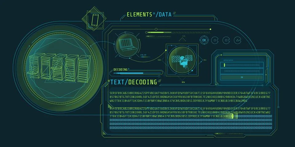 HUD interface for processing server data with text decoding. Stock Illustration