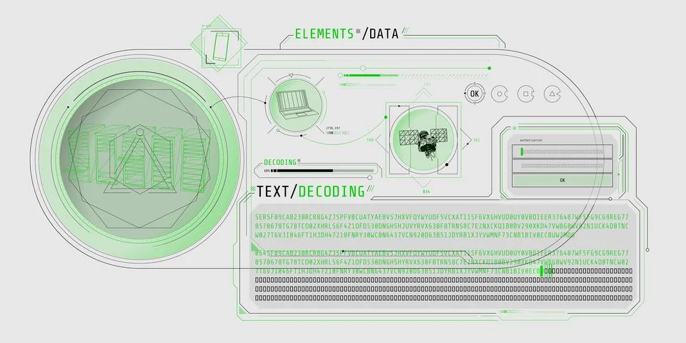 HUD interface for processing server data with text decoding. Stock Illustration