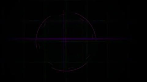 Hud Interface with Rotating Purple Circle and Scanning Lines on Dark Grid Video stock 343728125