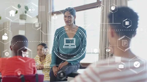 HUD laptop hex nodes fading in teacher sitting speaking engaging class boy Stock Footage 333509859