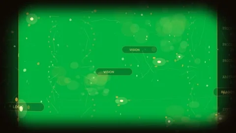 HUD left ring pulsing, nodes clustering and flowing, displaying process stats on Stock Footage 329503485