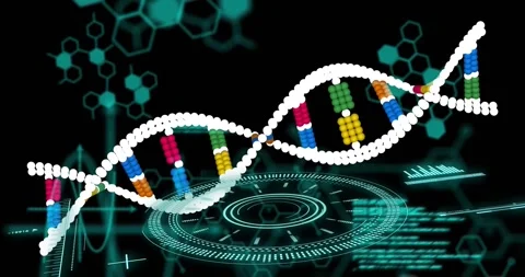 HUD lighting up, DNA helix emerging from left, undulating across teal biotech Stock Footage 333904428