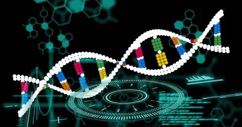 HUD lighting up, DNA helix emerging from left, undulating across teal biotech Stock Illustration