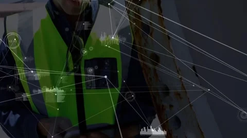 HUD linking tablet and beam construction worker inspecting rusted steel tapping Video stock 334316244