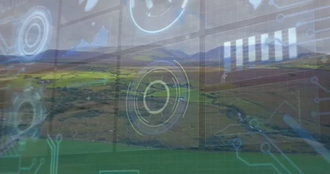 HUD loading above farmland, radar rotating and pulsing, panels shifting for Stock Footage 331789941