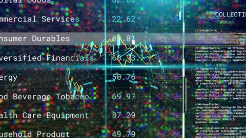 HUD loading, multiline chart rotating and revealing peaks while code scrolling, Stock Footage 334884062