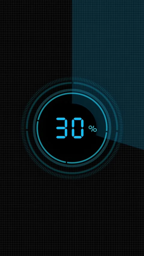 HUD loading percentage cyan circular progress gauge, grid texture, and dark inte Stock Footage 340479409