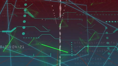 HUD loading shifting neon-blue grid at playback start on red backdrop, with Video stock 311474987