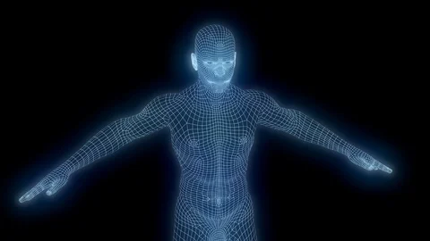 HUD Man 1035: Heads Up Display Element Of A Holographic Wireframe Man Rotating Stock Footage