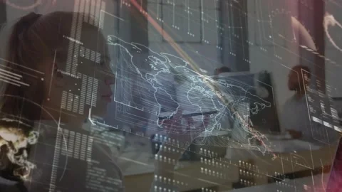 HUD map appearing over analytics desk, woman leaning, colleagues reviewing Stock Footage 330980967