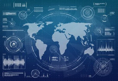 HUD military control interface with world map Illustrazione stock