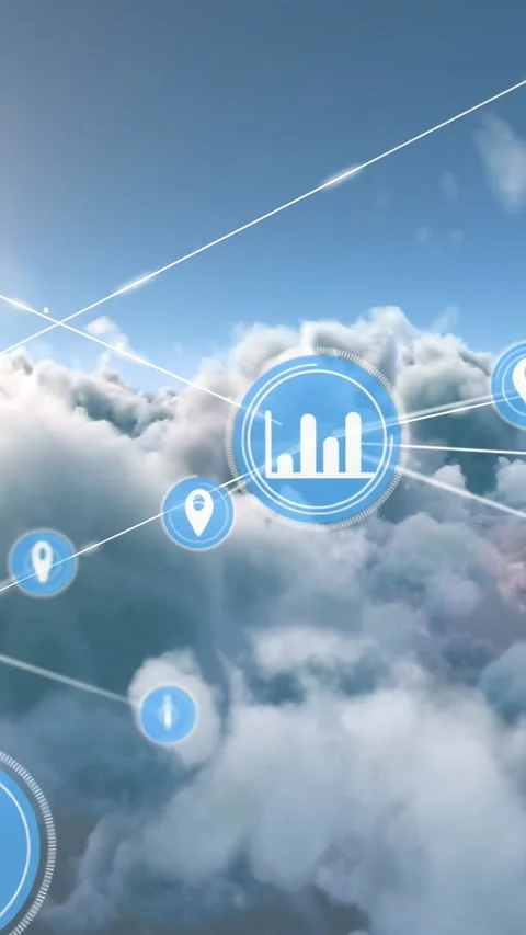 HUD network growing over clouds, core node emerging and sparking linked nodes Stock Footage 330260594