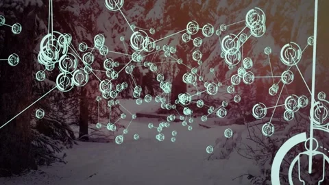HUD network reacting to frames, clustering pulsing nodes over snowy trail for Stock Footage 334115341