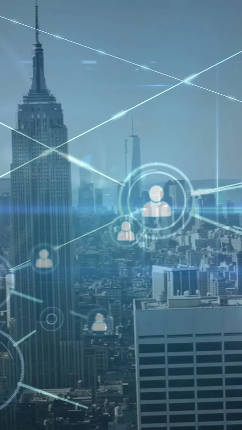 HUD node appearing, network overlay expanding and linking nodes over skyline to Video stock 330210119