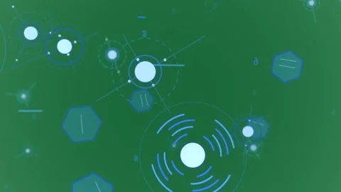 HUD node starting pulse rotating arcs sending lines drifting hexes showing data Stock Footage 329503430