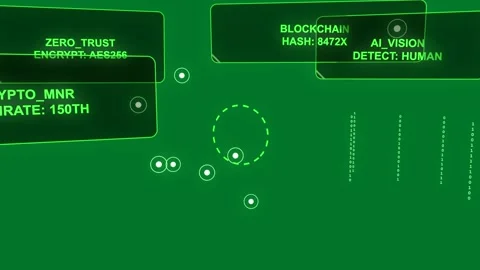 HUD nodes, panels moving on pulse, emitting bits, tagging, showing status on Stock Footage 329572450