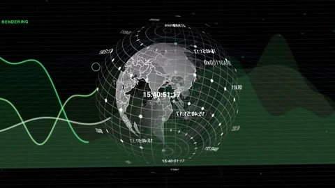 HUD opening starting 3D wire globe rotating, nodes pulsing and wave flowing Stock-Footage 334744197