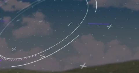 HUD overlay activating dusk, arcs sweeping, dots falling, purple streak fading, Stock Footage 329471358