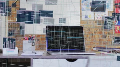 HUD overlay activating, panels shifting, grid sliding, camera panning up, Stock Footage 340654693