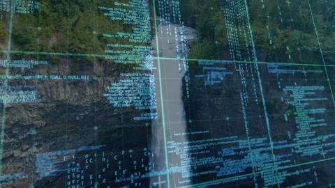 HUD overlay activating, scanning tall waterfall, grid lines shifting, code Stock Footage 328657177