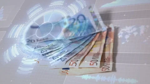 HUD overlay appearing and causing euro notes sliding, opening and fanning, Stock Footage 329240220