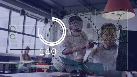 HUD overlay appearing, animating numbers as two colleagues leaning and editing Stock Footage 332469363