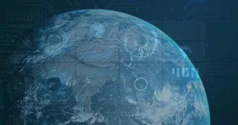 HUD overlay appearing causing planet rotating while reticles pulsing to show Stock Footage 331006003