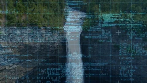 HUD overlay appearing over vertical waterfall, streaming code and grid, scanning Stock Footage 328685777