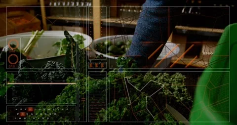 HUD overlay appearing, person's hand rea... | Stock Video | Pond5