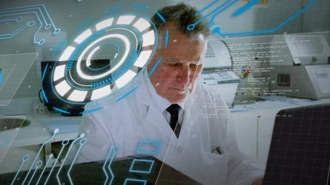 HUD overlay appearing, Senior lab tech leaning, reading code overlays, typing Stock Footage 332504842