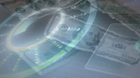 HUD overlay appearing on US100 bills ring rotating arrows sweeping round box Stock Footage 329454686