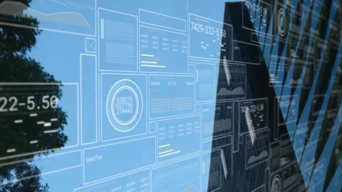 HUD overlay growing and stacking data panels over sky after camera tilt, showing Stock Footage 322204548