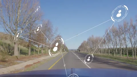 HUD overlay growing from left node appearing, linking nodes over glass as car Video stock 333574939