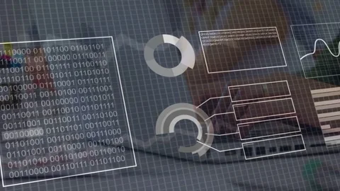HUD overlay revealing binary matrix, donut charts and waveform after keyboard Stock Footage 335739186