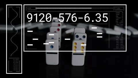 HUD overlay updating numeric codes and bars, white domino tiles toppling, Stock Footage 330191970
