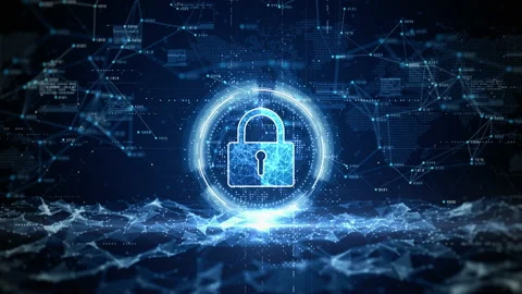 HUD Padlock Icon Cyber Security, Digital Data Network Protection, Future Tech Video stock 162206261