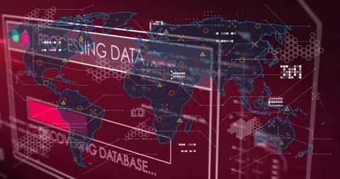 HUD panel sliding, revealing CONNECTING TO SERVER, nodes popping and linking, Stock Footage 321099068