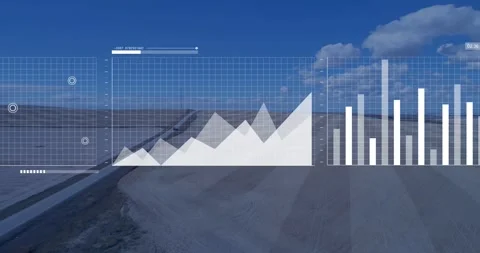 HUD panels appearing over salt flat, incoming data driving line area bar charts Stock Footage 333963264